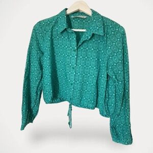 Zara Tied Printed Blouse Aquamarine Size XS